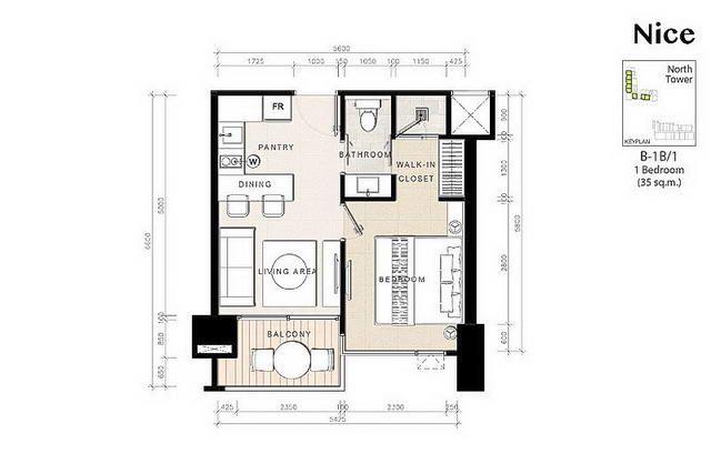 Condominium for sale Wong Amat Pattaya showing the one bedroom floor plan 
