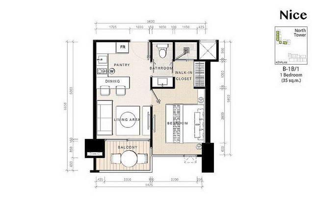 Condominium for sale Wong Amat Pattaya showing the one bedroom floor plan Condominium for sale Wong Amat Pattaya showing the one bedroom floor plan