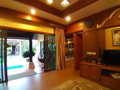 House for sale Huay Yai Pattaya showing the first living area with pool view 
